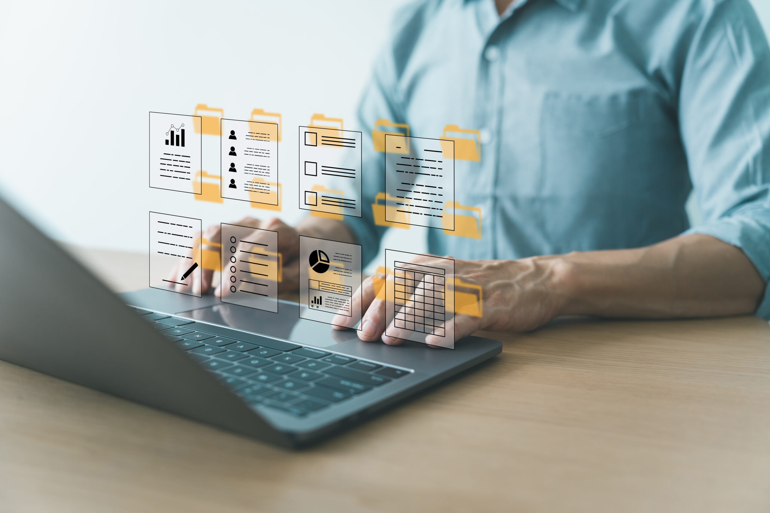 Businessman working on tablet with business and financial paperless report file, contract, plan, data and information. Online e-document management and paperless workflow or office concept